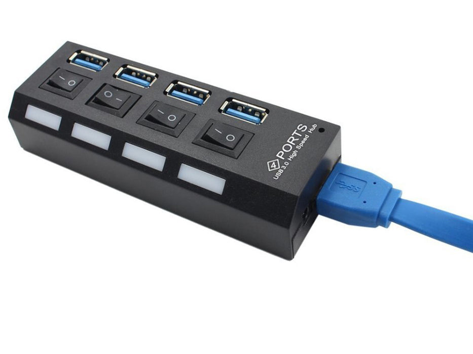 USB Hub с 4 високоскоростен USB 3.0 порт, бутон за включване/изключване, с черен, черен захранващ кабел