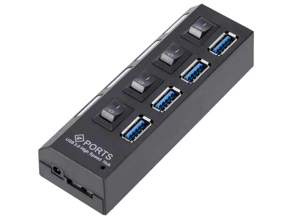 USB HUB 4 nagysebességű USB 3.0 port, be/ki gomb, fekete, fekete tápkábel