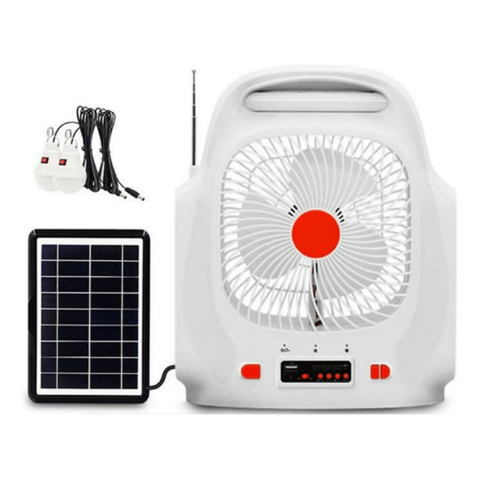 Ανεμιστήρας με ηλιακό πάνελ και δύο βολβούς, ηχείο, ραδιόφωνο FM και Bluetooth, λευκό με πορτοκαλί