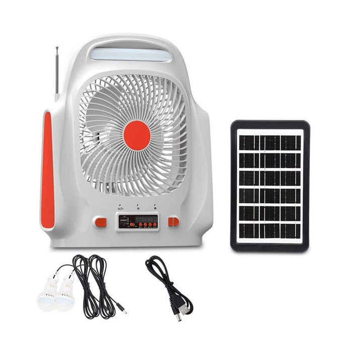 Ανεμιστήρας με ηλιακό πάνελ και δύο βολβούς, ηχείο, ραδιόφωνο FM και Bluetooth, λευκό με πορτοκαλί