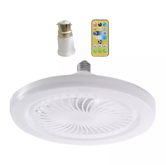 Ventilator de tavan silentios, 30W, 3 viteze, cu soclu E27/B22, lumina si telecomanda, alb-galben