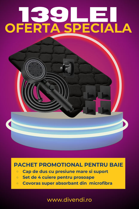 Pachet promotional: Cap de dus, 4 x Suporti pentru Prosoape si Covor baie, Negre
