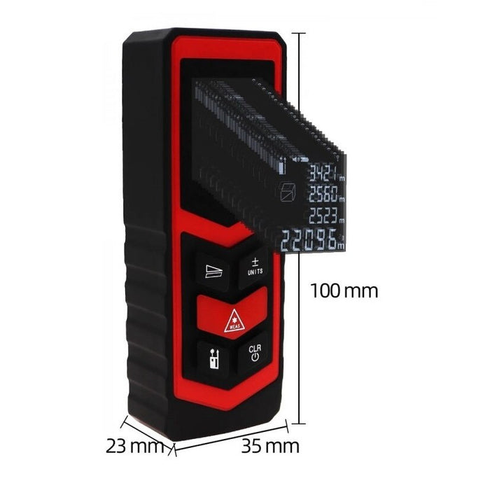 Професионален лазерен телеметър, 80м, LCD екран, изчисление на площта, обем и питагор, червено-черно