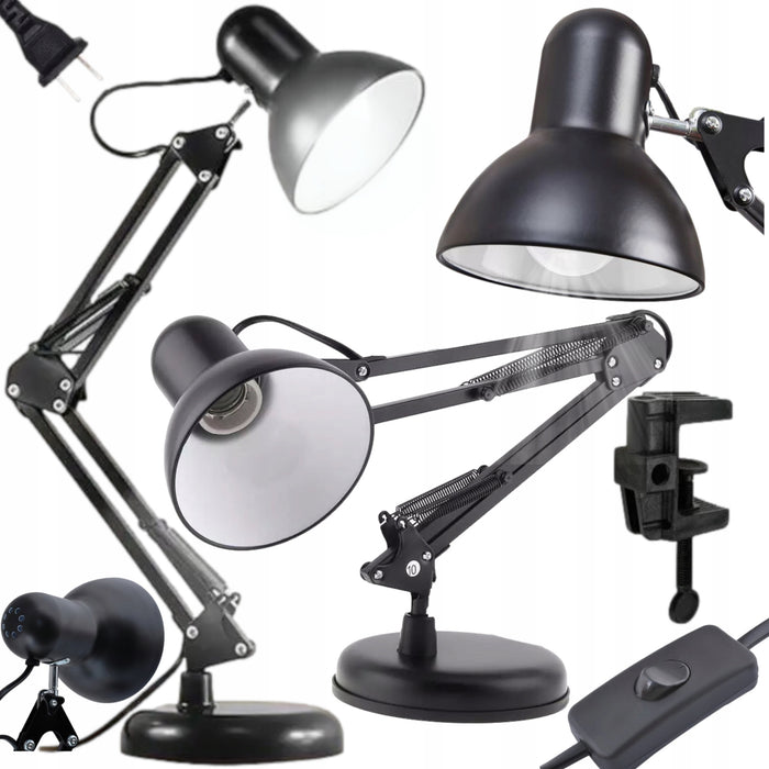 Lampa de birou + Bec, Putere 40W, Soclu E27, Brat reglabil, Negru