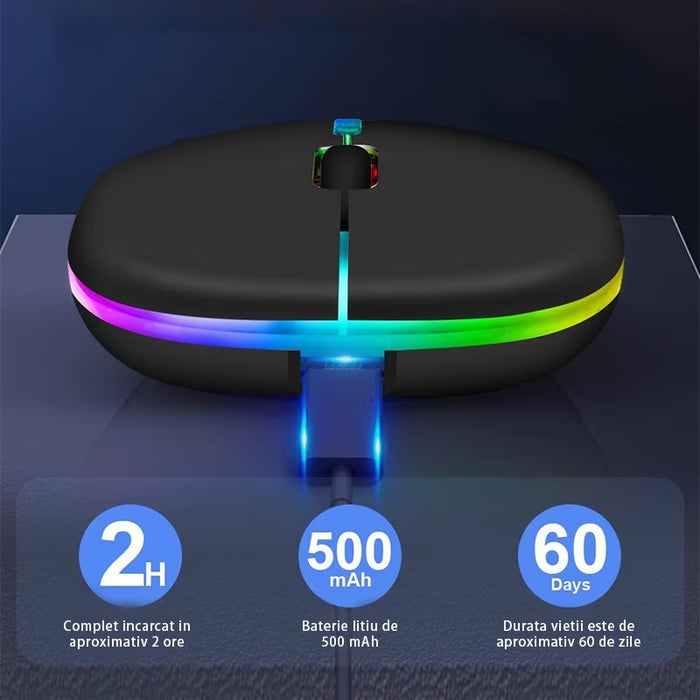 Mouse Wireless Reincarcabil, Ultra Slim, Silentios, LED RGB, Negru