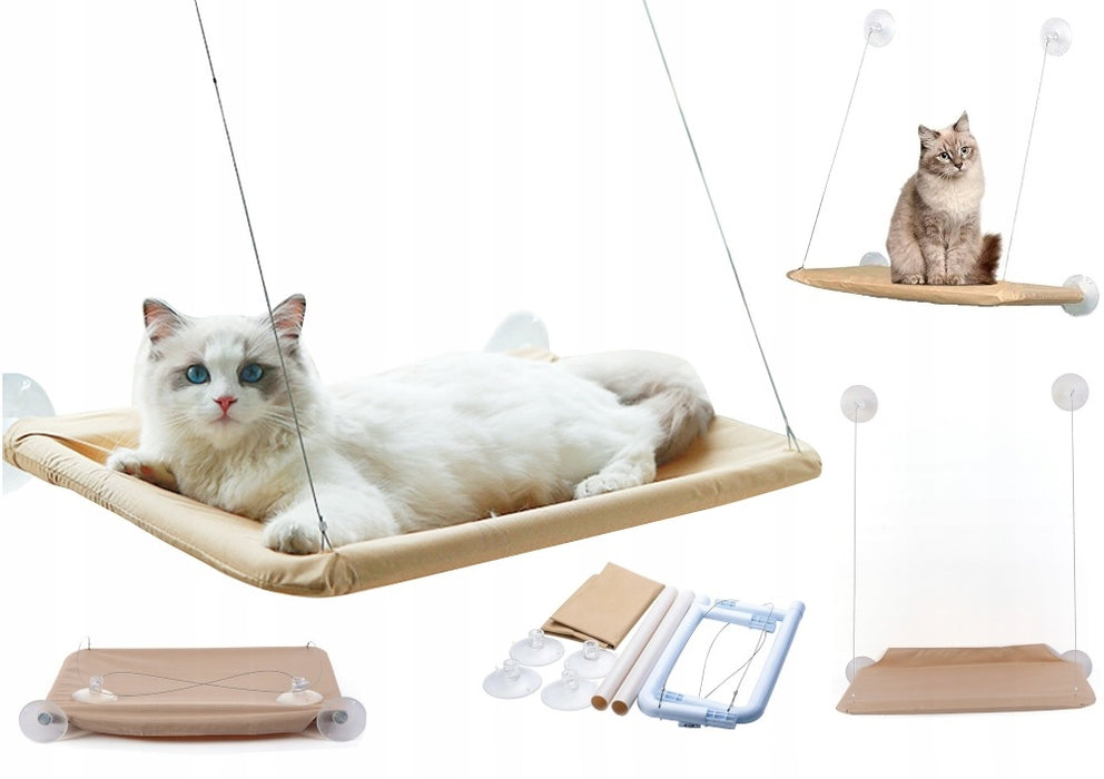 Суспендирано легло Хамак тип за котки, монтиране на стъкло със смукателни чаши, 55x32cm, сметана